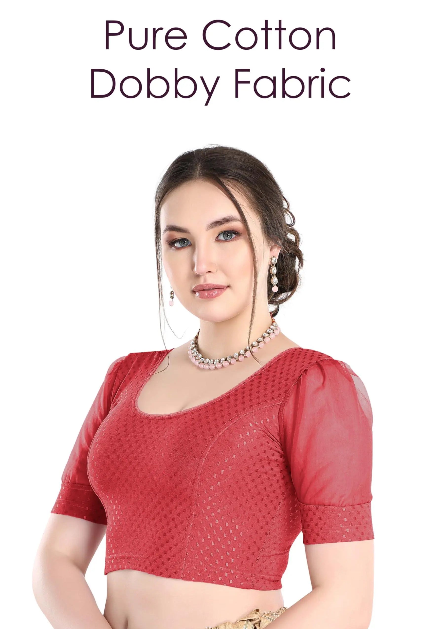 FINESTFIT Stay On Trend Latest Fashion 100% Cotton Dobby Readymade Blouses for Women,Round Neckline with Organza Balloon Sleeves.4520