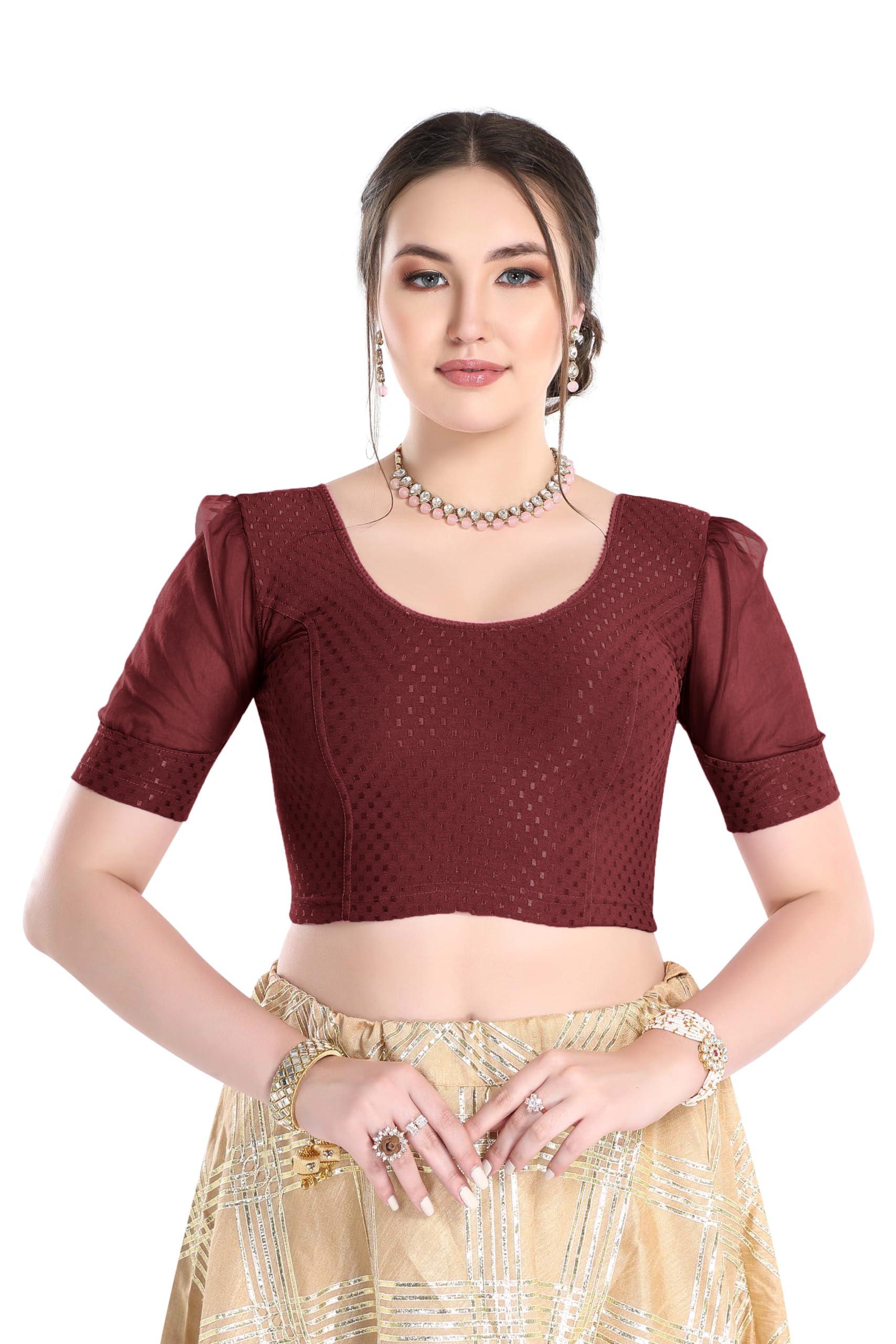 FINESTFIT Stay On Trend Latest Fashion 100% Cotton Dobby Readymade Blouses for Women,Round Neckline with Organza Balloon Sleeves.4520