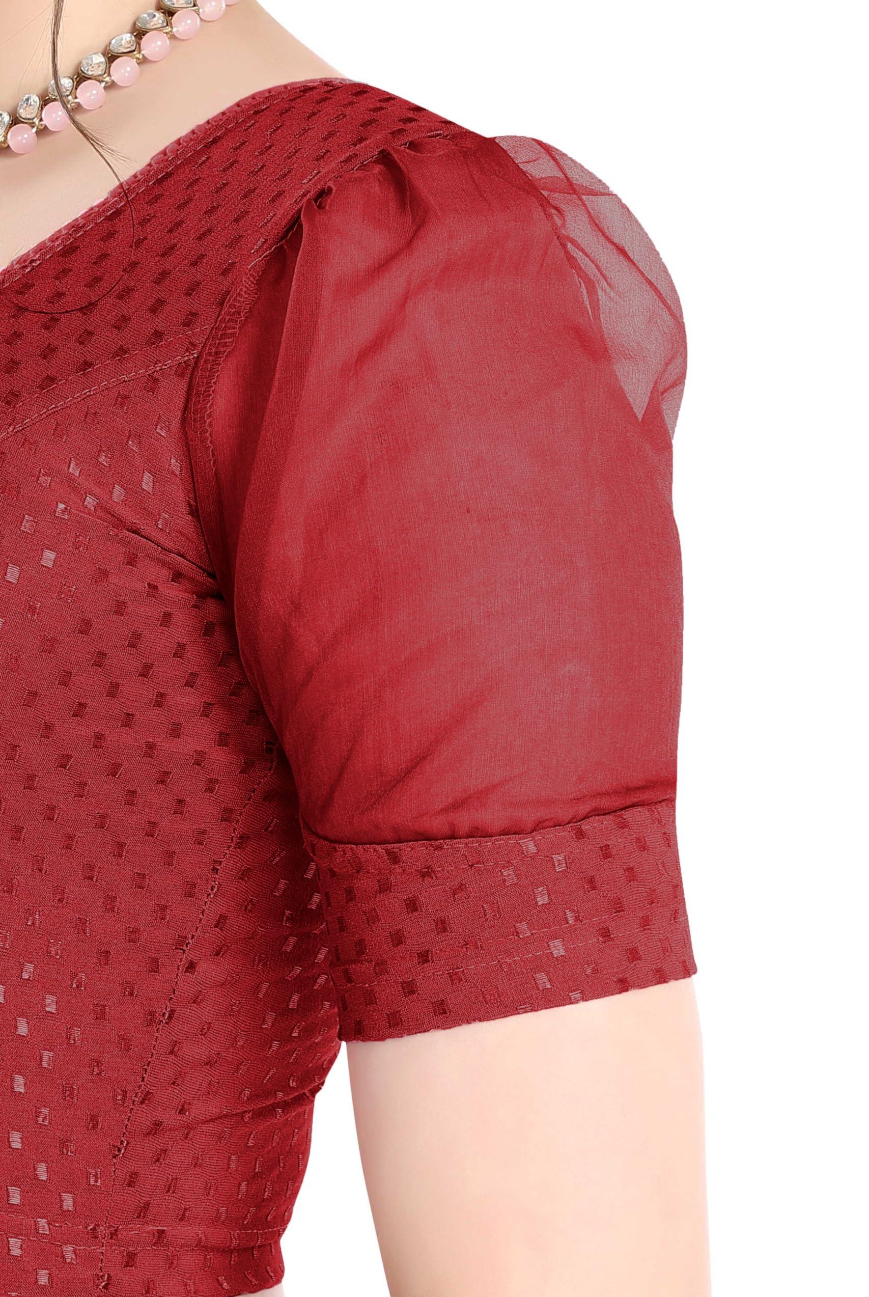 FINESTFIT Stay On Trend Latest Fashion 100% Cotton Dobby Readymade Blouses for Women,Round Neckline with Organza Balloon Sleeves.4520