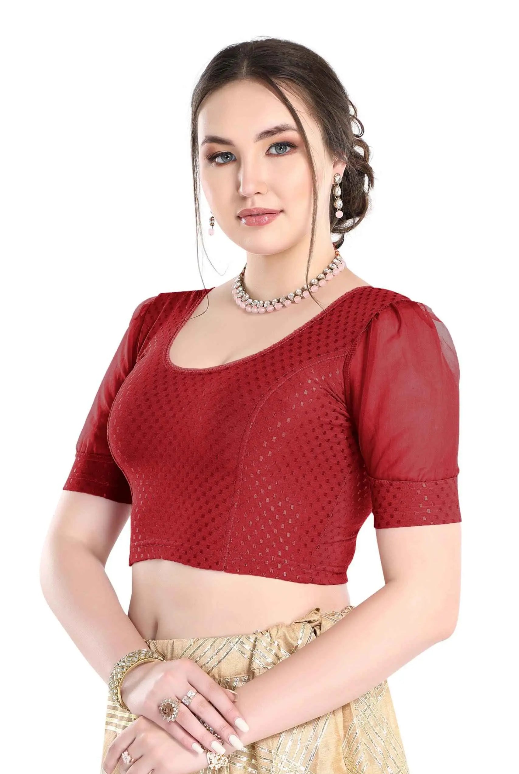 FINESTFIT Readymade Organza Balloon Sleeves Blouse for Women - 100% Cotton Dobby, Round Neckline, Latest Fashion 4520