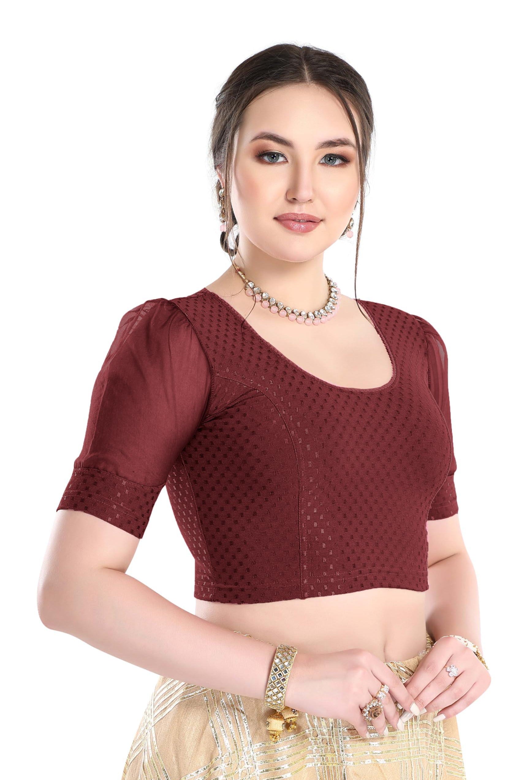 FINESTFIT Stay On Trend Latest Fashion 100% Cotton Dobby Readymade Blouses for Women,Round Neckline with Organza Balloon Sleeves.4520