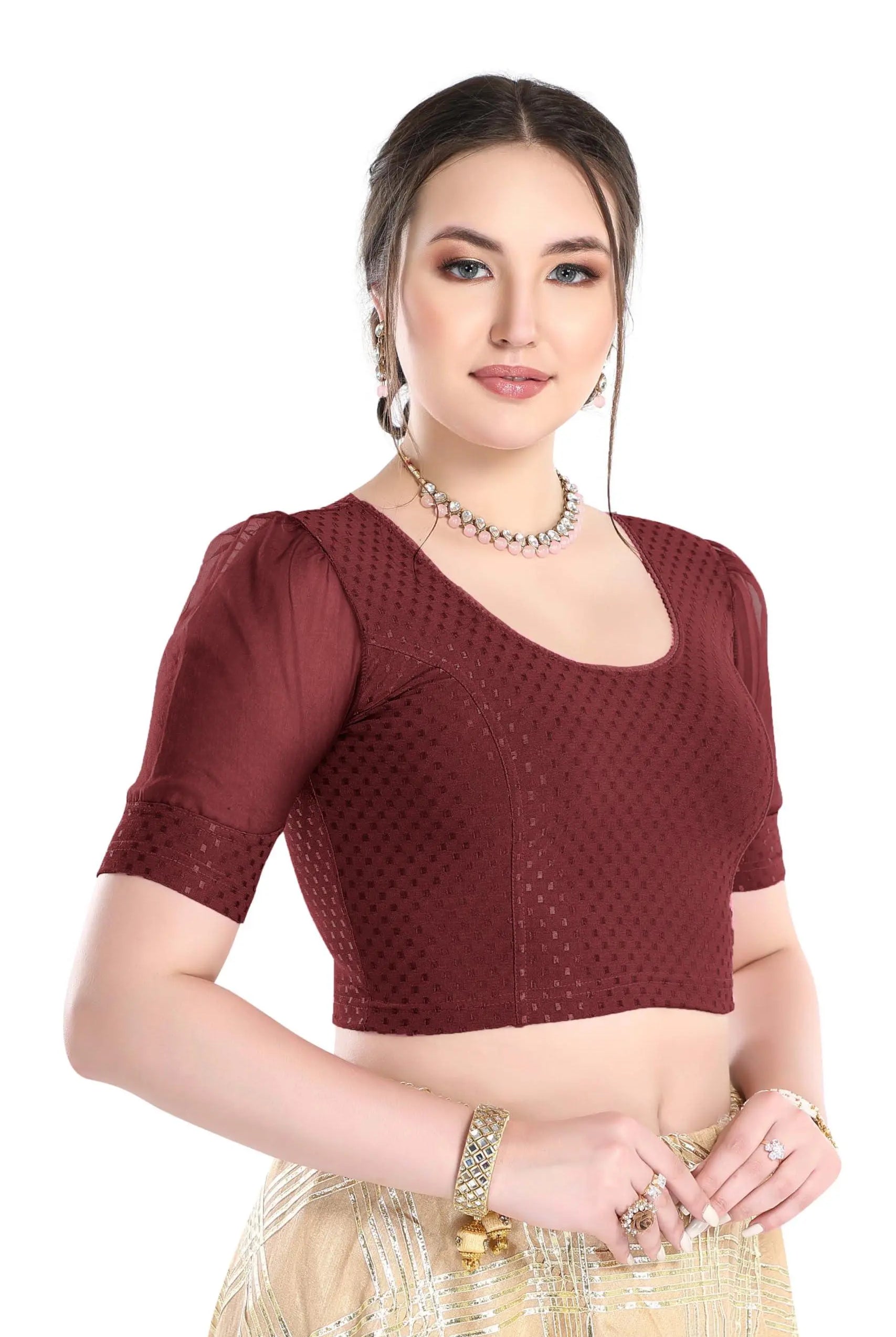 FINESTFIT Stay On Trend Latest Fashion 100% Cotton Dobby Readymade Blouses for Women,Round Neckline with Organza Balloon Sleeves.4520