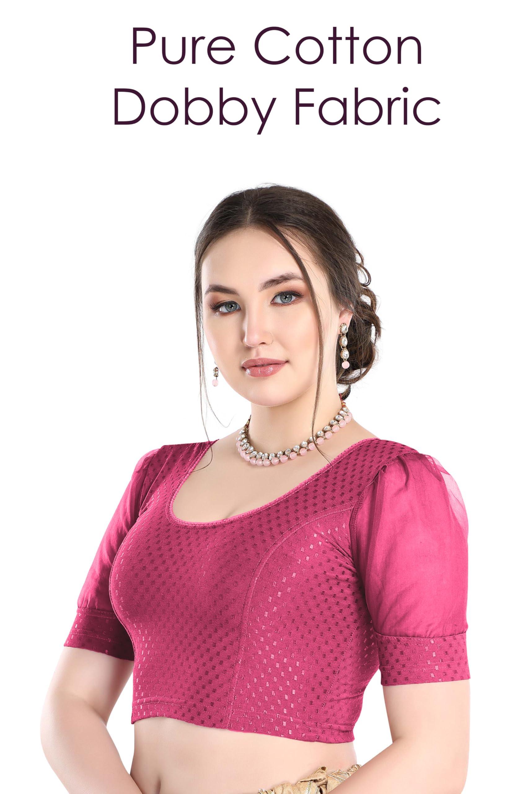 FINESTFIT Stay On Trend Latest Fashion 100% Cotton Dobby Readymade Blouses for Women,Round Neckline with Organza Balloon Sleeves.4520