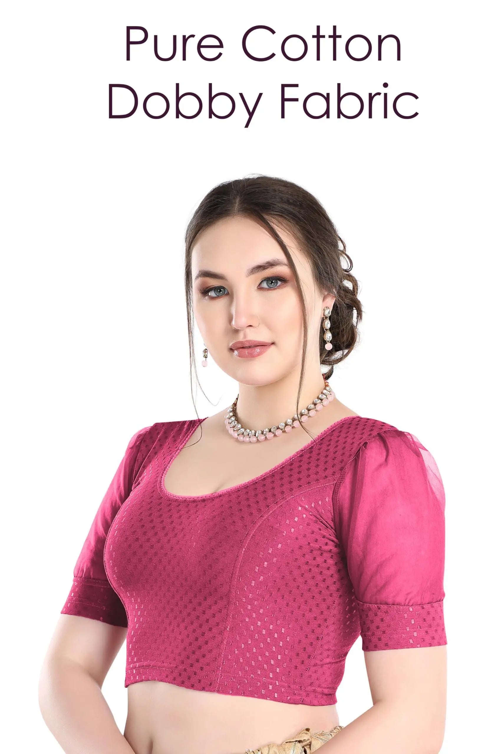 FINESTFIT Stay On Trend Latest Fashion 100% Cotton Dobby Readymade Blouses for Women,Round Neckline with Organza Balloon Sleeves.4520