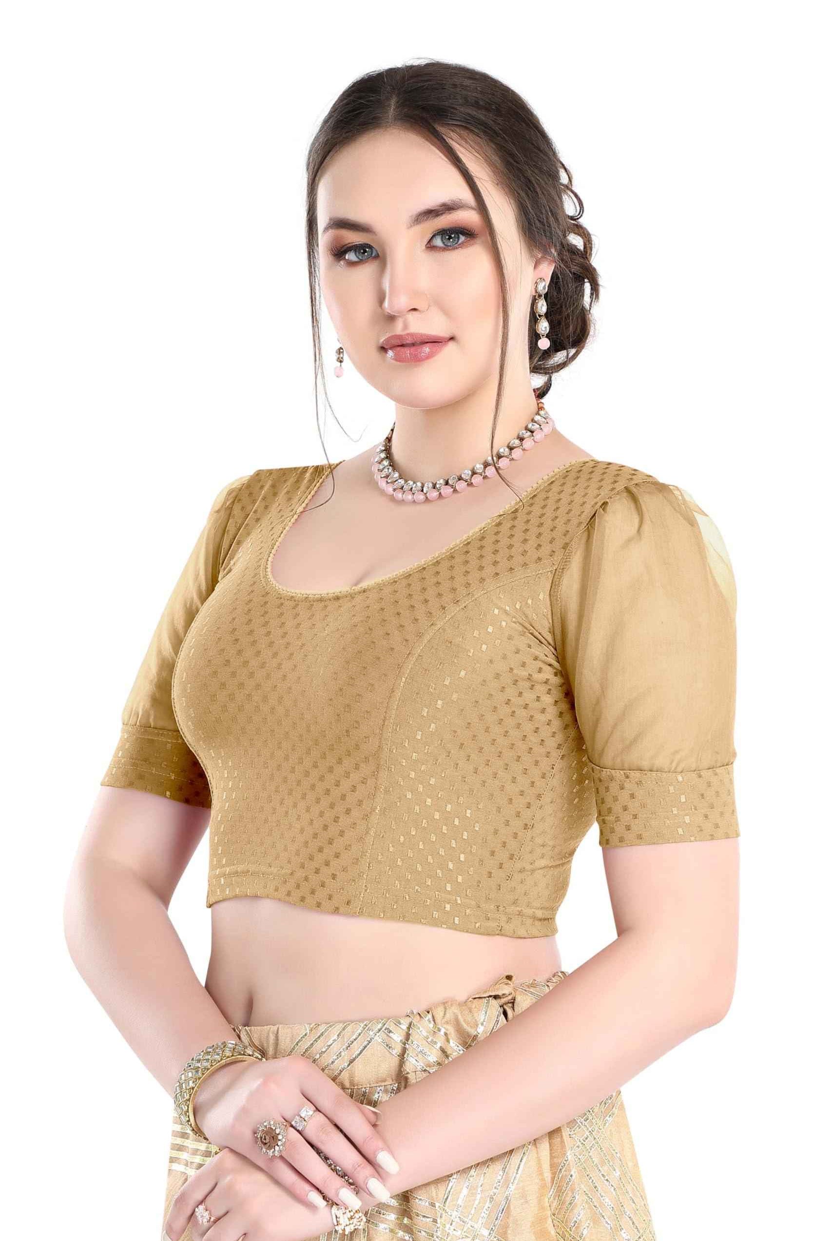 FINESTFIT Readymade Organza Balloon Sleeves Blouse for Women - 100% Cotton Dobby, Round Neckline, Latest Fashion 4520