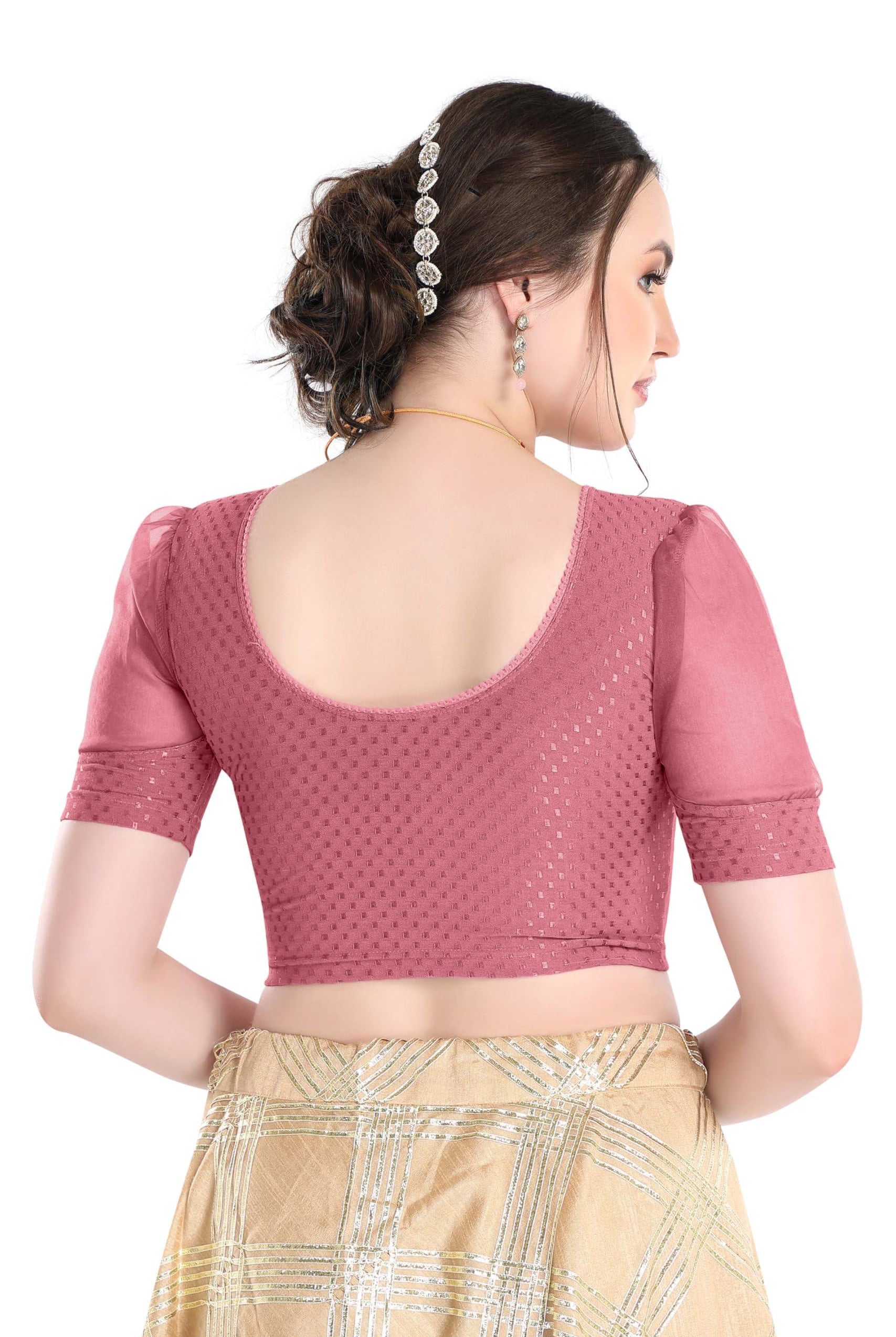 FINESTFIT Stay On Trend Latest Fashion 100% Cotton Dobby Readymade Blouses for Women,Round Neckline with Organza Balloon Sleeves.4520