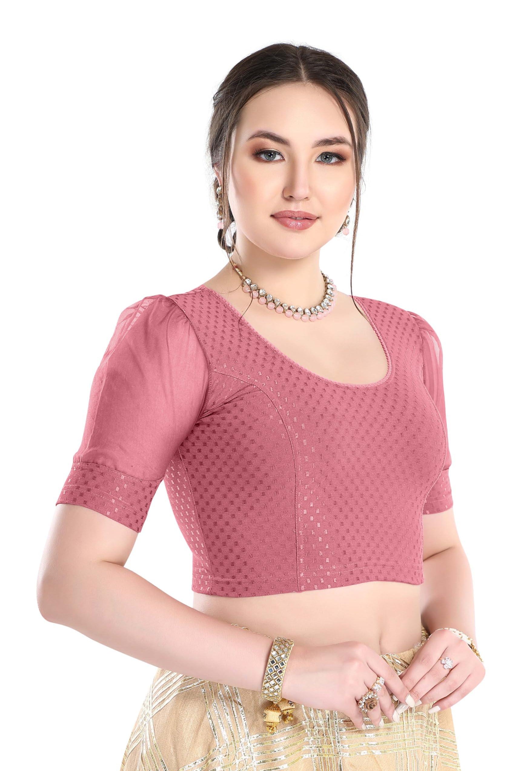 FINESTFIT Stay On Trend Latest Fashion 100% Cotton Dobby Readymade Blouses for Women,Round Neckline with Organza Balloon Sleeves.4520