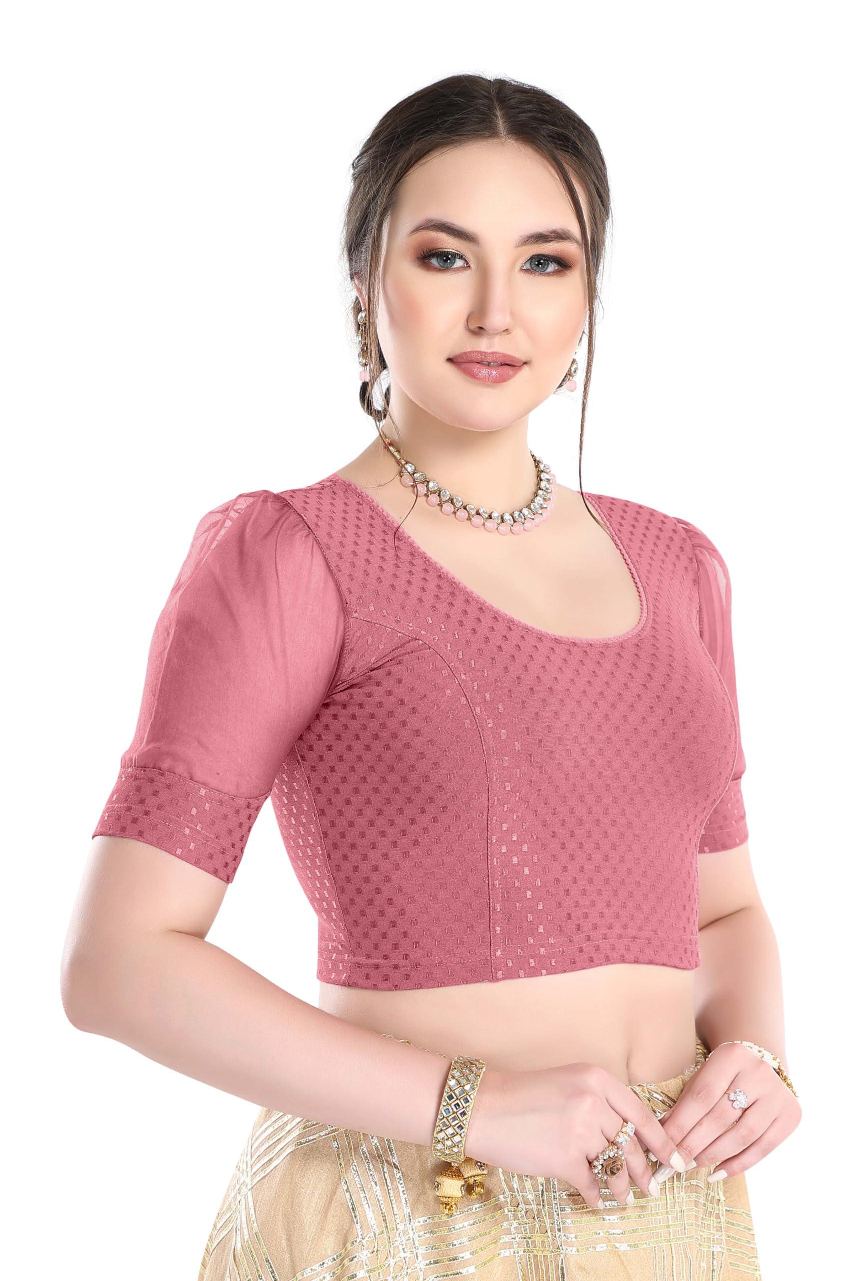 FINESTFIT Stay On Trend Latest Fashion 100% Cotton Dobby Readymade Blouses for Women,Round Neckline with Organza Balloon Sleeves.4520