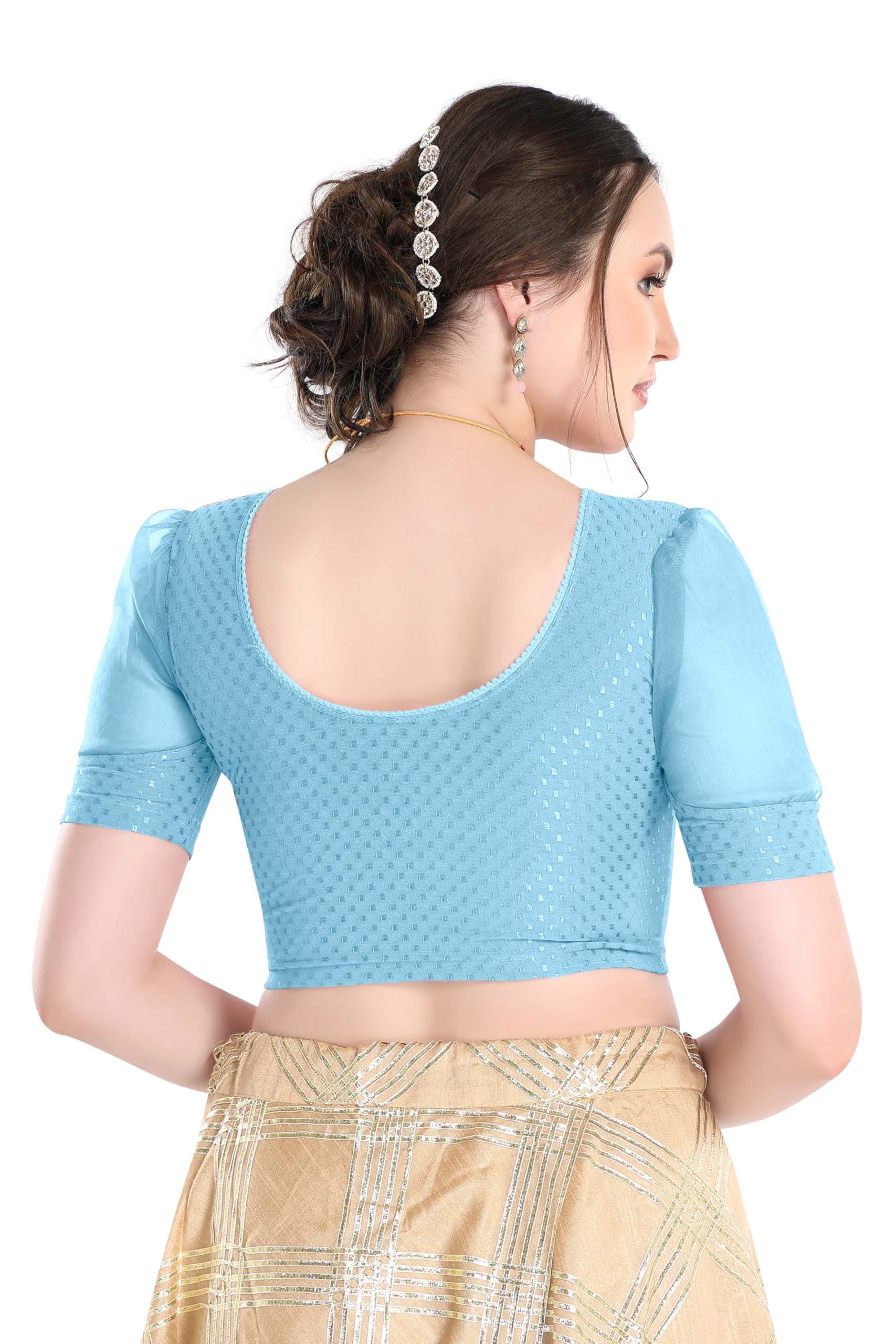 FINESTFIT Stay On Trend Latest Fashion 100% Cotton Dobby Readymade Blouses for Women,Round Neckline with Organza Balloon Sleeves.4520