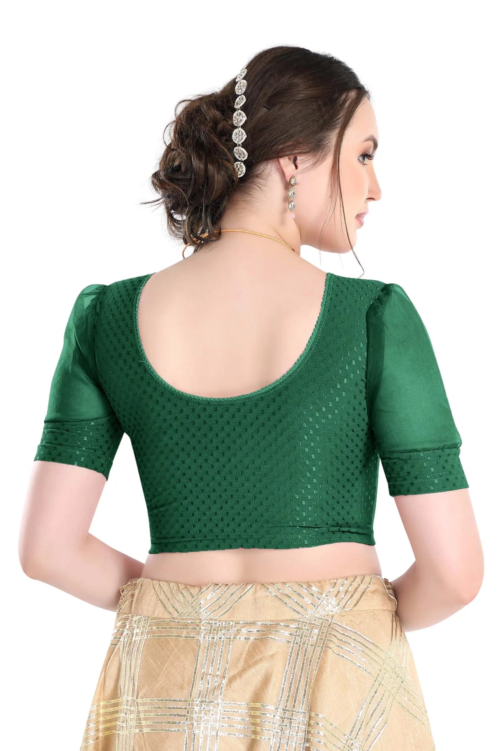 FINESTFIT Stay On Trend Latest Fashion 100% Cotton Dobby Readymade Blouses for Women,Round Neckline with Organza Balloon Sleeves.4520