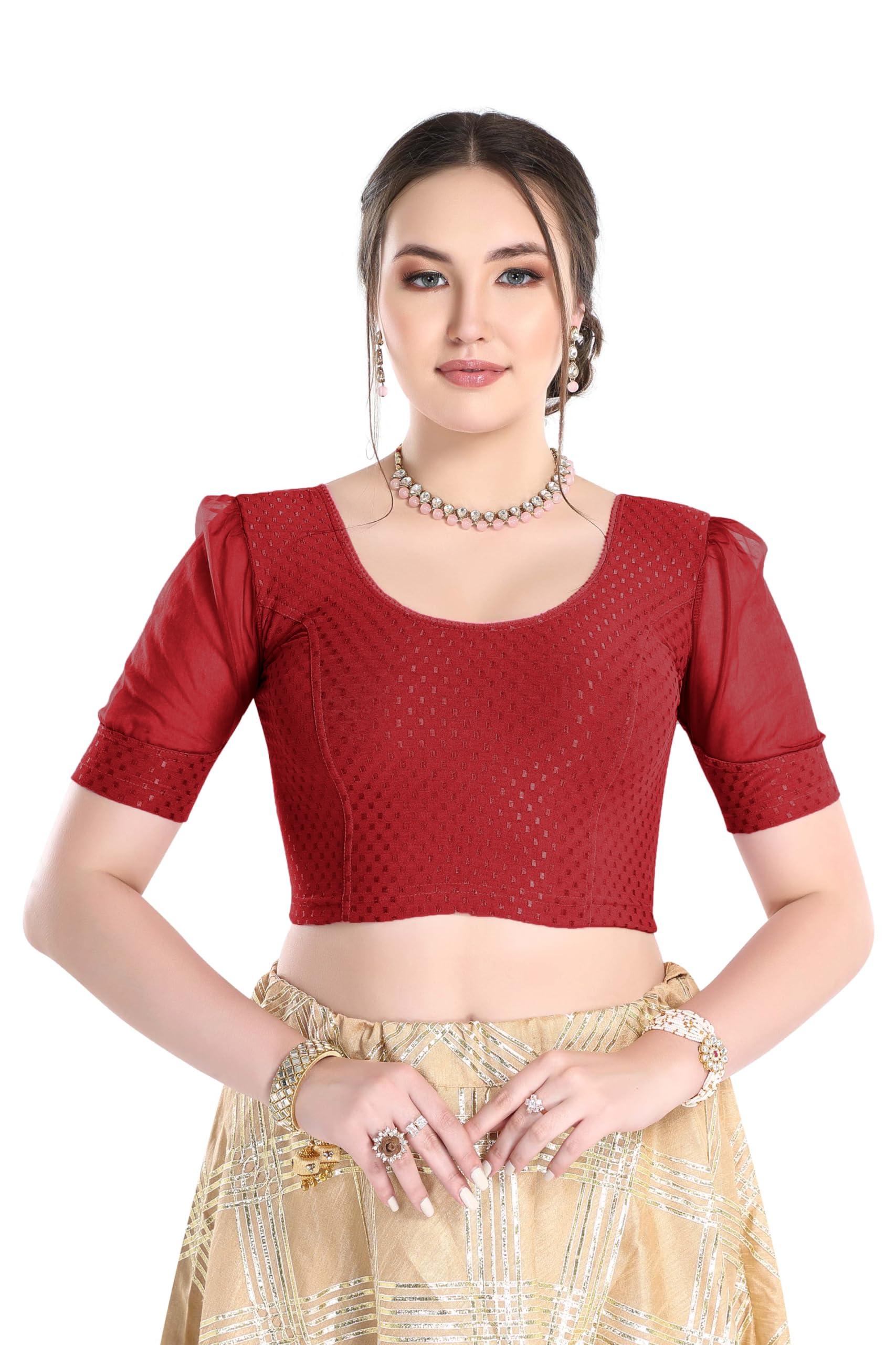 FINESTFIT Stay On Trend Latest Fashion 100% Cotton Dobby Readymade Blouses for Women,Round Neckline with Organza Balloon Sleeves.4520