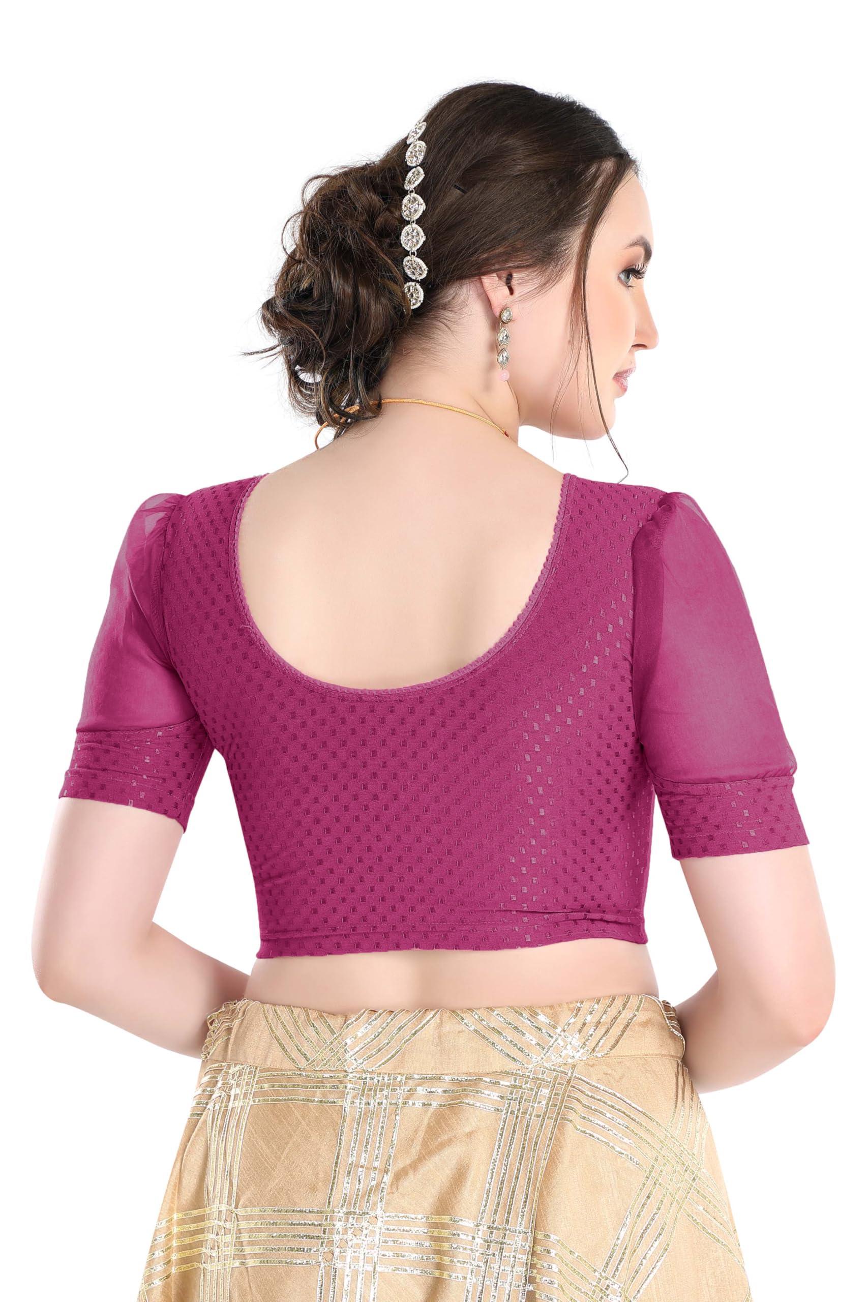 FINESTFIT Stay On Trend Latest Fashion 100% Cotton Dobby Readymade Blouses for Women,Round Neckline with Organza Balloon Sleeves.4520