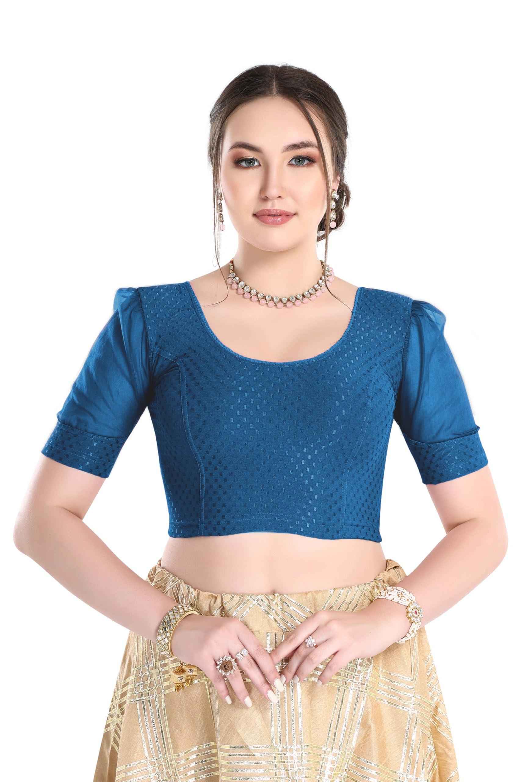 FINESTFIT Readymade Organza Balloon Sleeves Blouse for Women - 100% Cotton Dobby, Round Neckline, Latest Fashion 4520