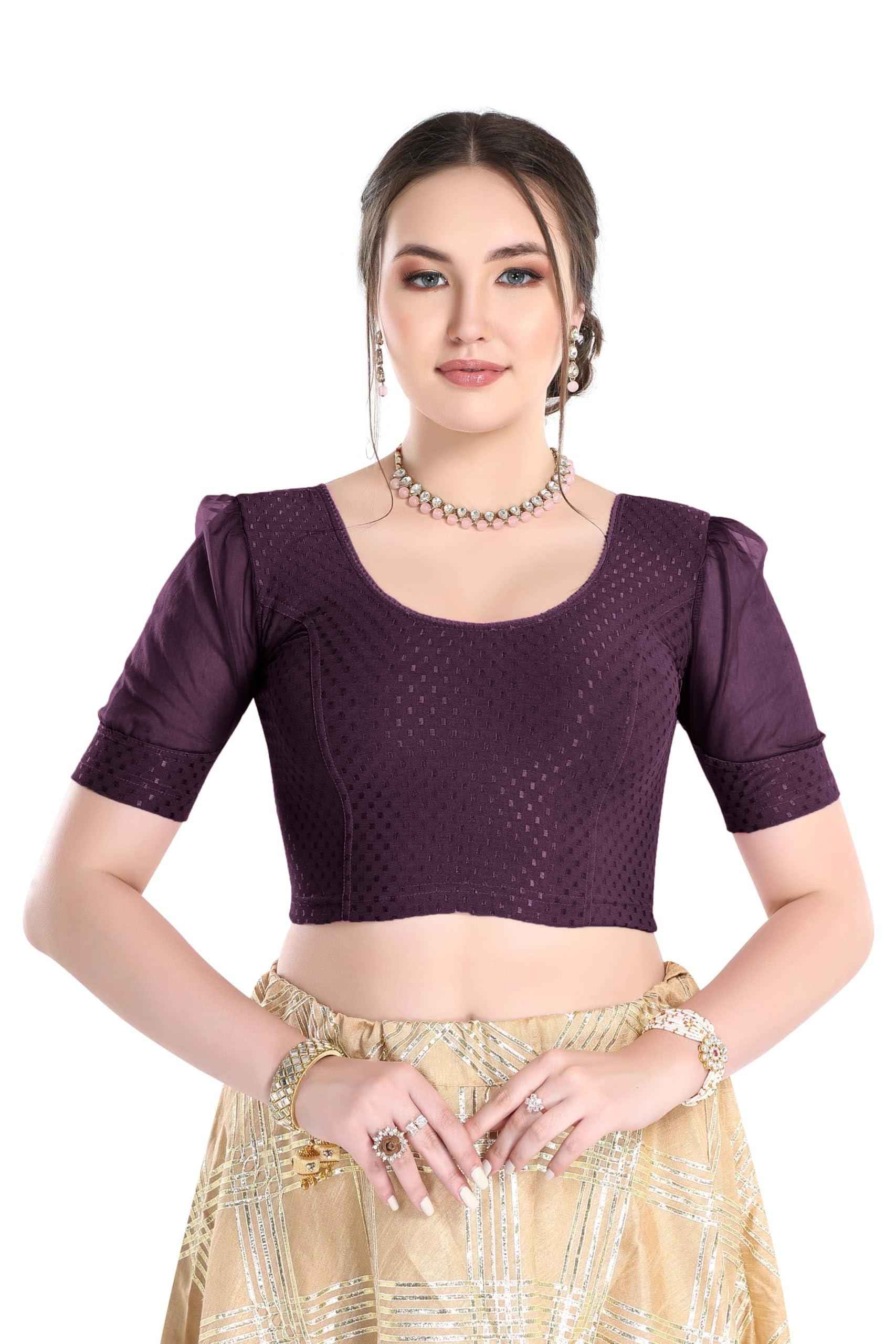 FINESTFIT Readymade Organza Balloon Sleeves Blouse for Women - 100% Cotton Dobby, Round Neckline, Latest Fashion 4520