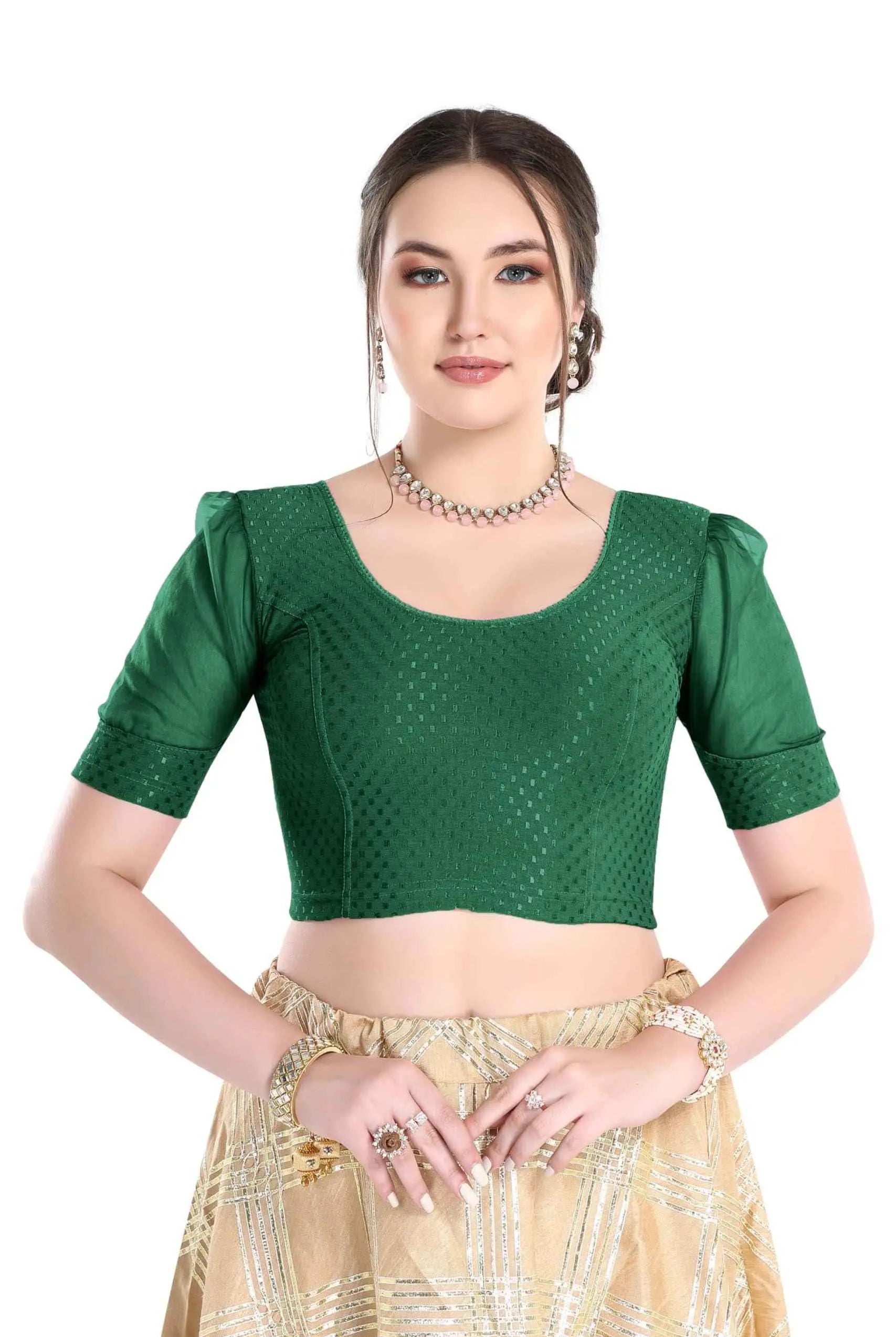 FINESTFIT Readymade Organza Balloon Sleeves Blouse for Women - 100% Cotton Dobby, Round Neckline, Latest Fashion 4520