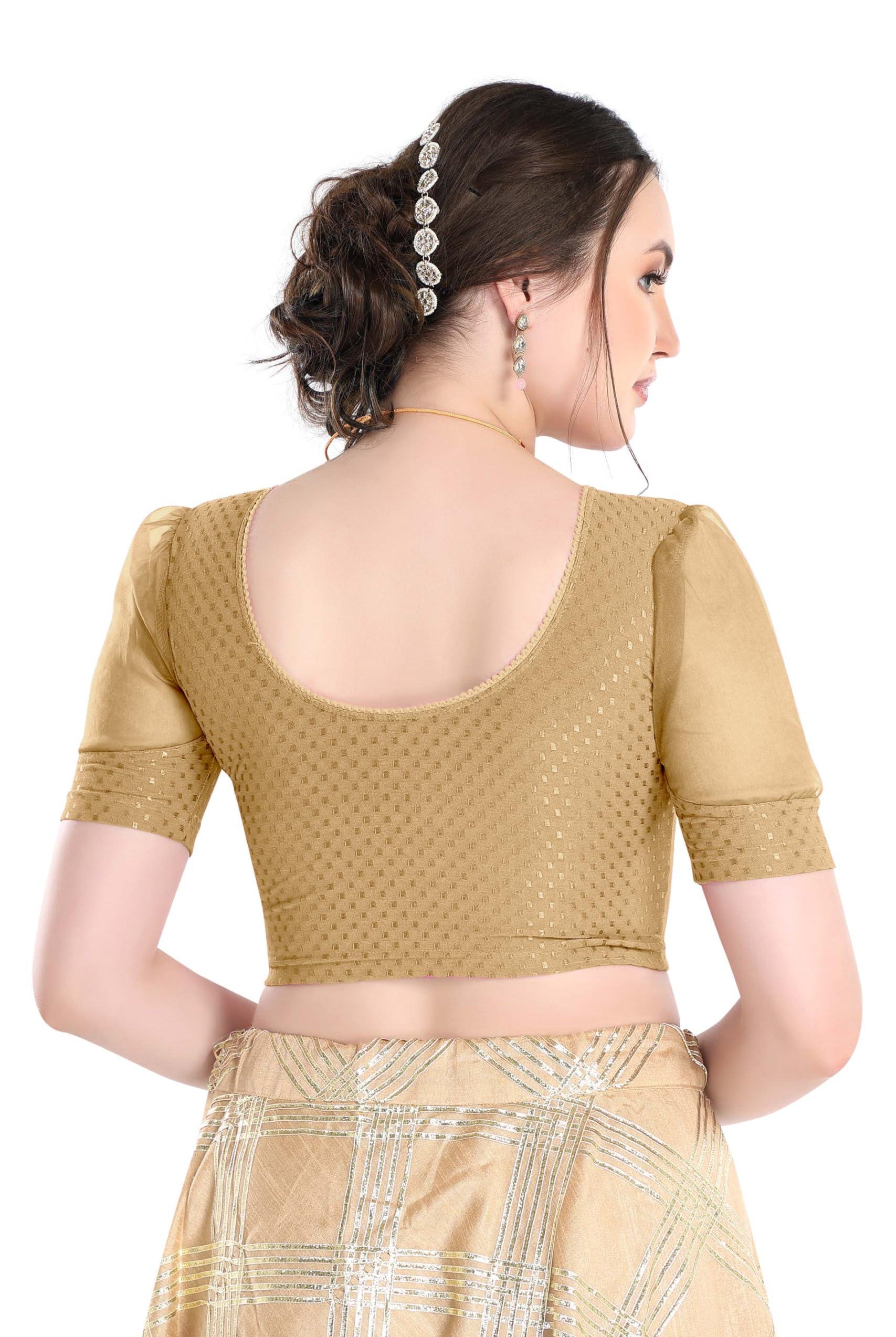 FINESTFIT Stay On Trend Latest Fashion 100% Cotton Dobby Readymade Blouses for Women,Round Neckline with Organza Balloon Sleeves.4520