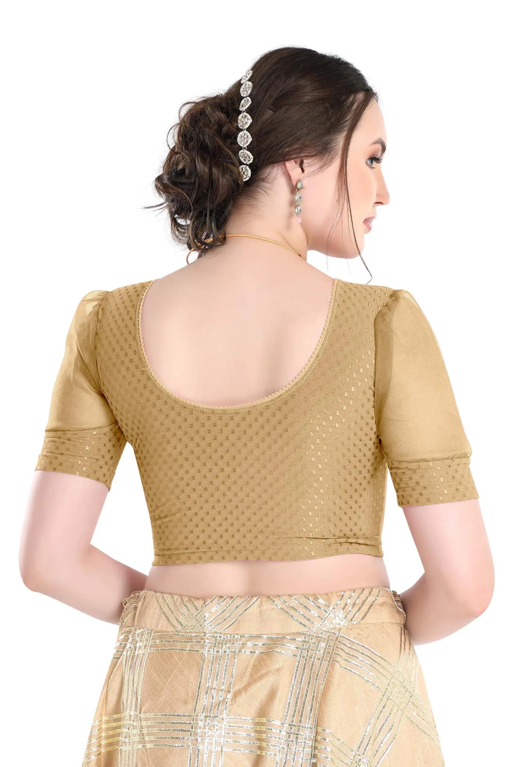 FINESTFIT Stay On Trend Latest Fashion 100% Cotton Dobby Readymade Blouses for Women,Round Neckline with Organza Balloon Sleeves.4520