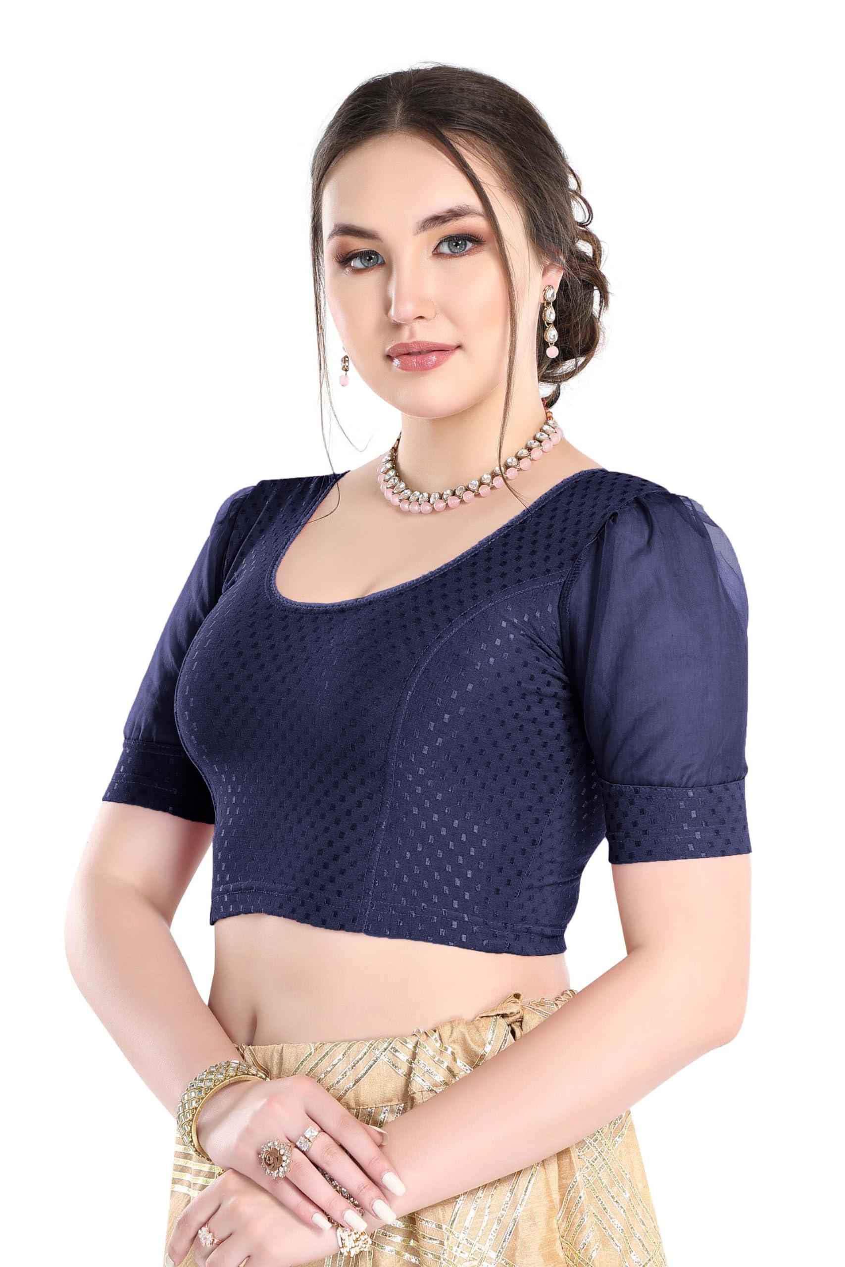 FINESTFIT Readymade Organza Balloon Sleeves Blouse for Women - 100% Cotton Dobby, Round Neckline, Latest Fashion 4520