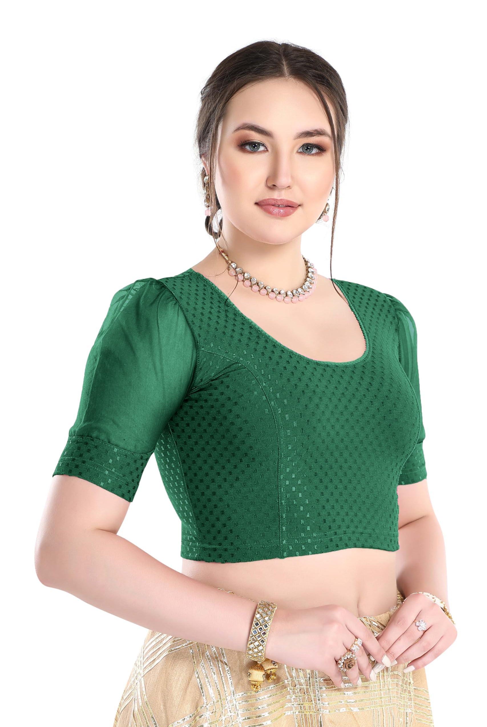 FINESTFIT Stay On Trend Latest Fashion 100% Cotton Dobby Readymade Blouses for Women,Round Neckline with Organza Balloon Sleeves.4520