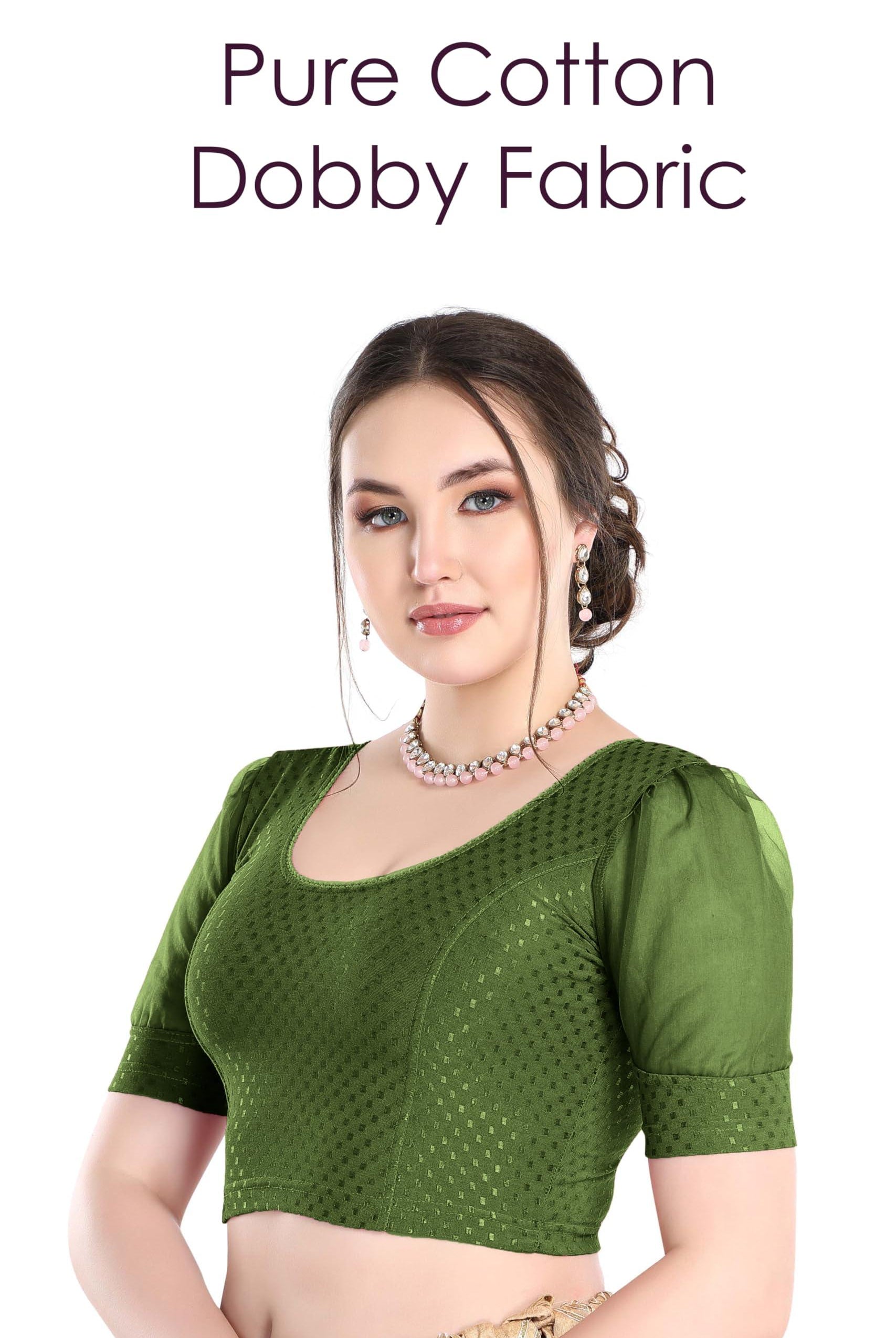 FINESTFIT Stay On Trend Latest Fashion 100% Cotton Dobby Readymade Blouses for Women,Round Neckline with Organza Balloon Sleeves.4520