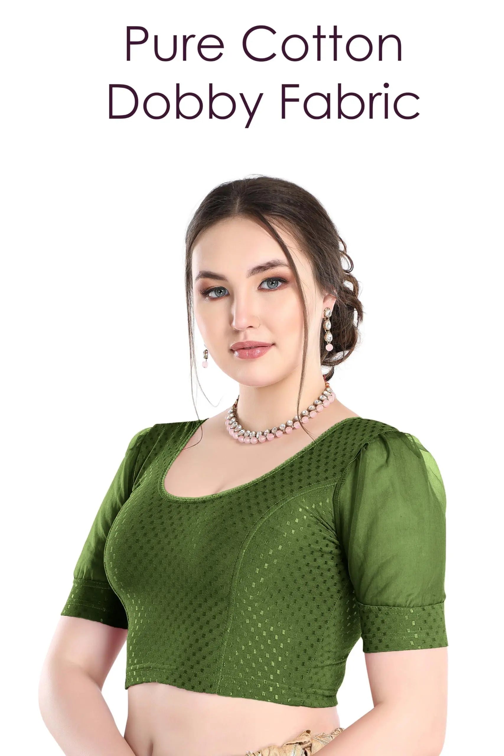 FINESTFIT Stay On Trend Latest Fashion 100% Cotton Dobby Readymade Blouses for Women,Round Neckline with Organza Balloon Sleeves.4520