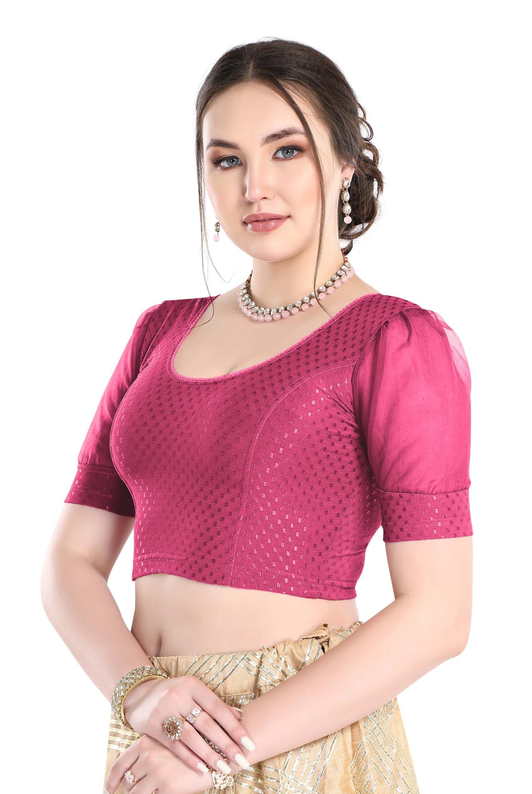 FINESTFIT Stay On Trend Latest Fashion 100% Cotton Dobby Readymade Blouses for Women,Round Neckline with Organza Balloon Sleeves.4520