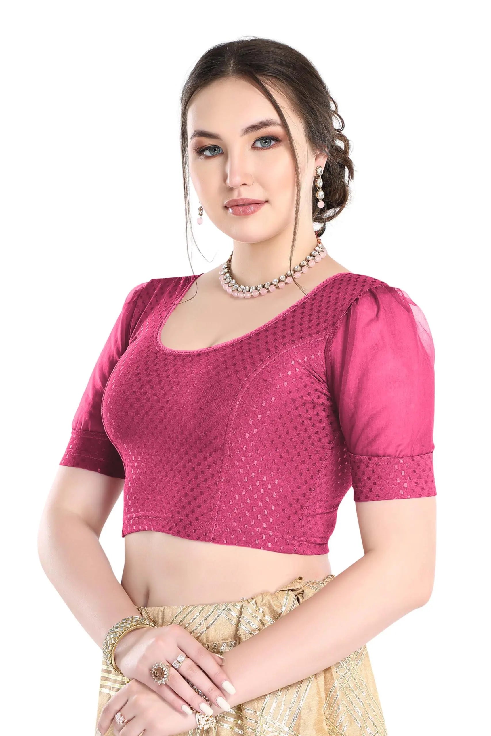FINESTFIT Stay On Trend Latest Fashion 100% Cotton Dobby Readymade Blouses for Women,Round Neckline with Organza Balloon Sleeves.4520
