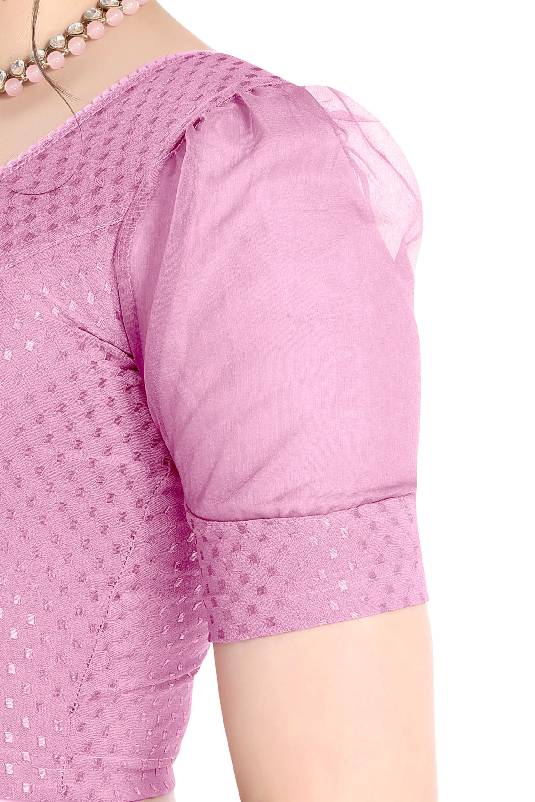 FINESTFIT Stay On Trend Latest Fashion 100% Cotton Dobby Readymade Blouses for Women,Round Neckline with Organza Balloon Sleeves.4520