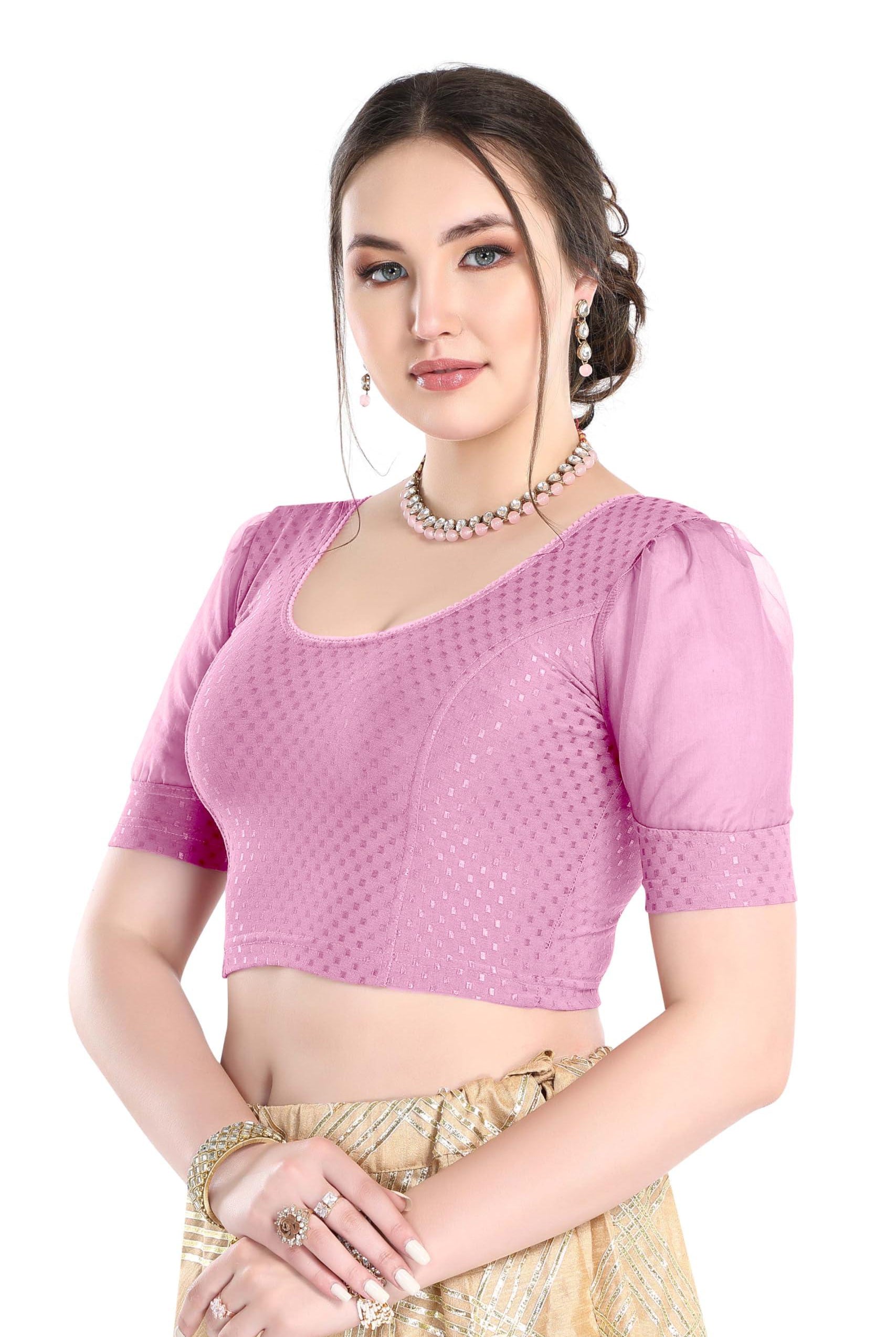 FINESTFIT Stay On Trend Latest Fashion 100% Cotton Dobby Readymade Blouses for Women,Round Neckline with Organza Balloon Sleeves.4520