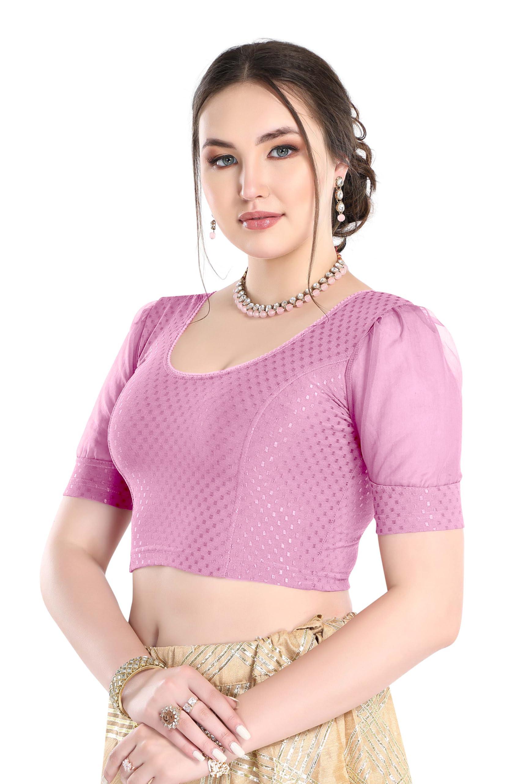 FINESTFIT Stay On Trend Latest Fashion 100% Cotton Dobby Readymade Blouses for Women,Round Neckline with Organza Balloon Sleeves.4520