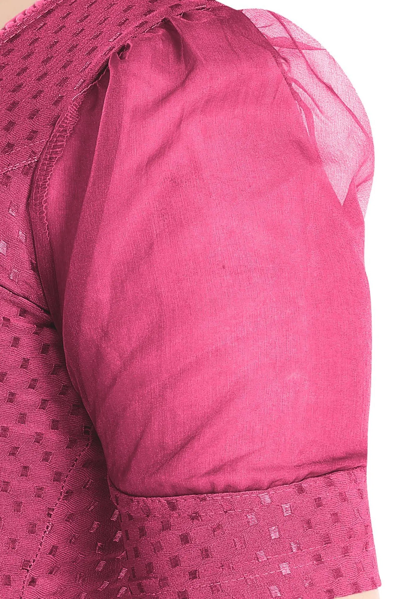 FINESTFIT Stay On Trend Latest Fashion 100% Cotton Dobby Readymade Blouses for Women,Round Neckline with Organza Balloon Sleeves.4520