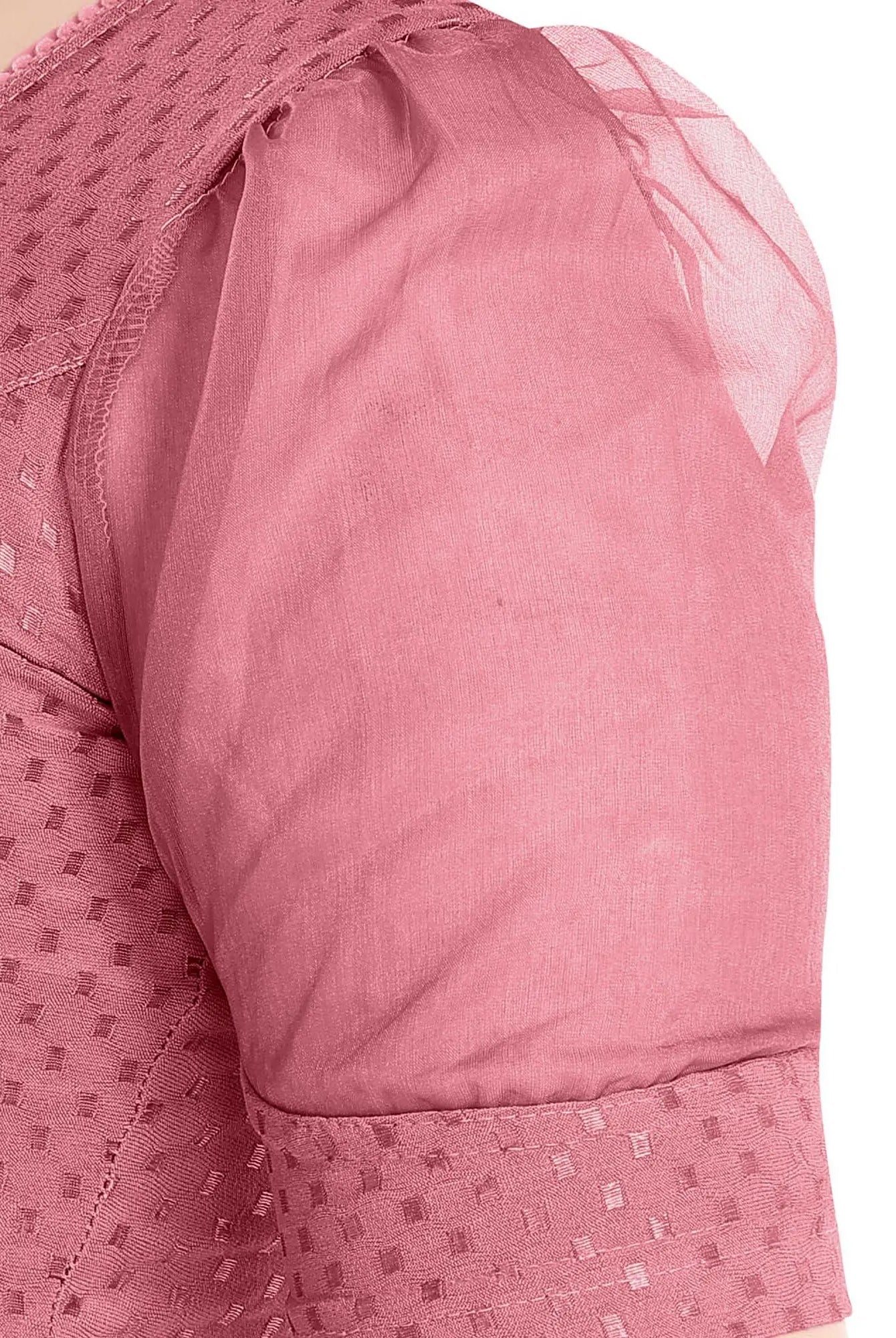 FINESTFIT Stay On Trend Latest Fashion 100% Cotton Dobby Readymade Blouses for Women,Round Neckline with Organza Balloon Sleeves.4520