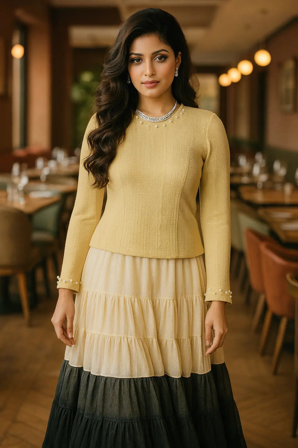 Stay On Trend: Latest Fashion Readymade Blouses for Women,High neckline ,Full sleeves,adorned with pearls embedded on neckline and hem of sleeves .5088 FINESTFIT