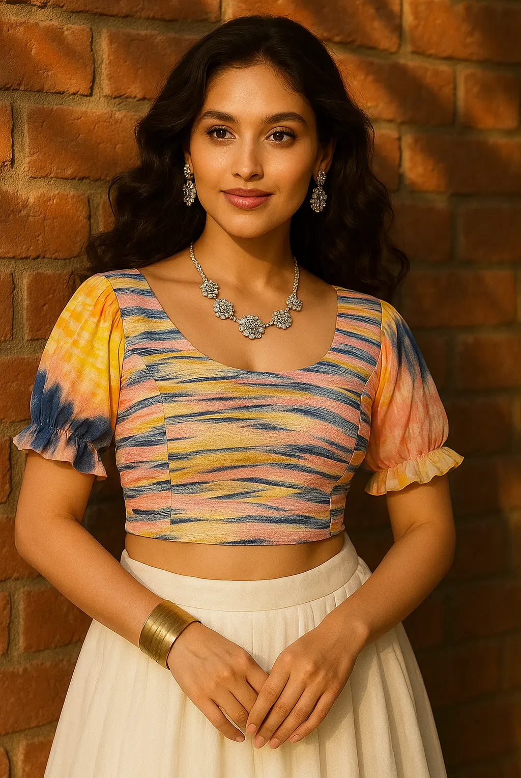 Stay On Trend: Latest Fashion Readymade Blouses for Women,round neckline,hand dyed georgette elasticated balloon sleeves .32080 - FINESTFIT