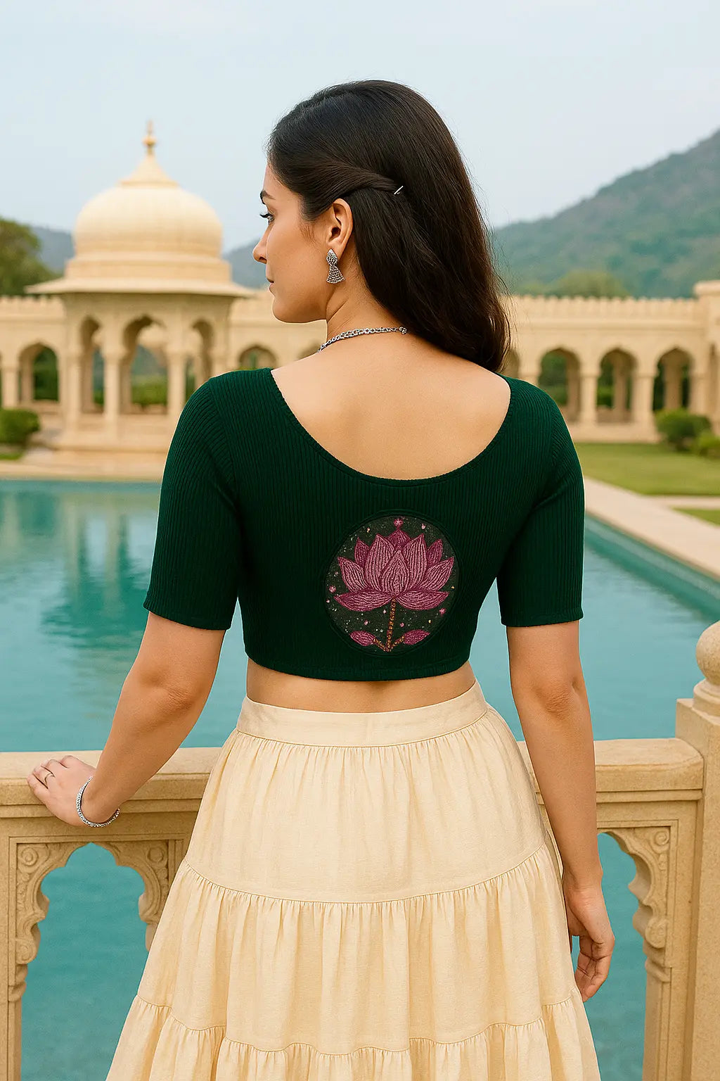 Stay On Trend: Latest Fashion Readymade Blouses for Women,round neckline,elbow sleeves with bandhani printed detail , back lotus patch detail.41005 - FINESTFIT