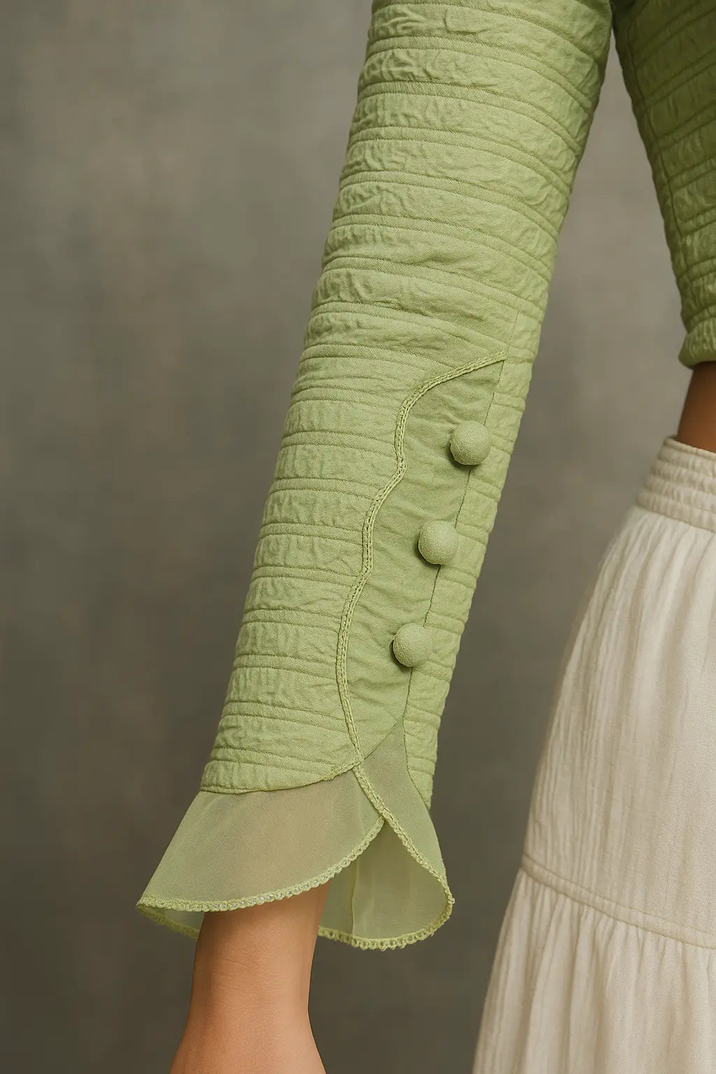 Stay On Trend: Latest Fashion Readymade Blouses for Women,round neckline ,Full sleeves with organza overlap panel , hand-made fabric potli buttons stitched at centre.5078 FINESTFIT