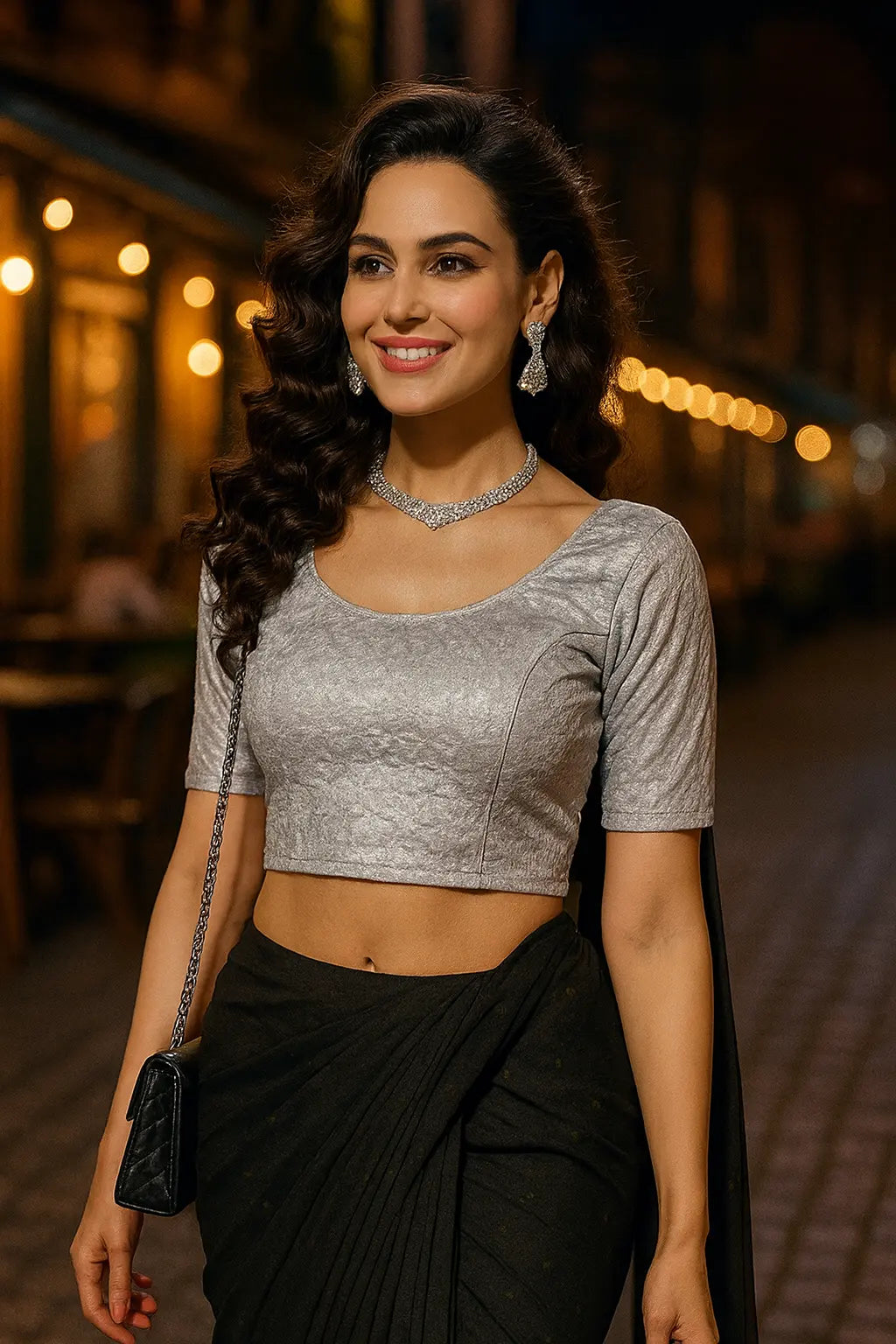 Stay On Trend: Latest Fashion Readymade Blouses for Women,round neckline,elbow sleeves in shimmer textured fabric.28008 - FINESTFIT