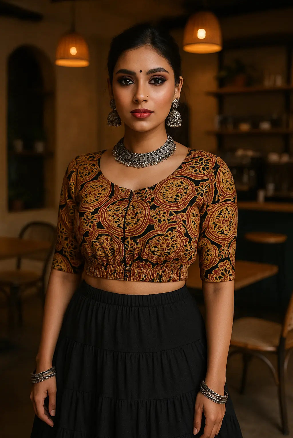 Stay On Trend with Latest Fashion Readymade Hook Blouses for Women - Round Neckline, Front Hook Closure, Elbow Sleeves, Full Elastic Hem 7510 - FINESTFIT