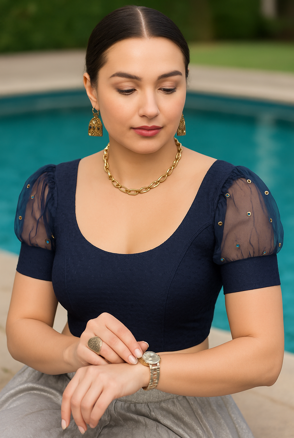 Stay On Trend with Fancy Organza Balloon Sleeve Blouse for Women - Round Neckline, Fabric Cuff, 601 - FINESTFIT