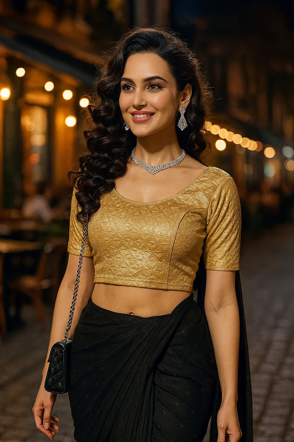 Stay On Trend: Latest Fashion Readymade Blouses for Women,round neckline,elbow sleeves in shimmer textured fabric.28008 - FINESTFIT