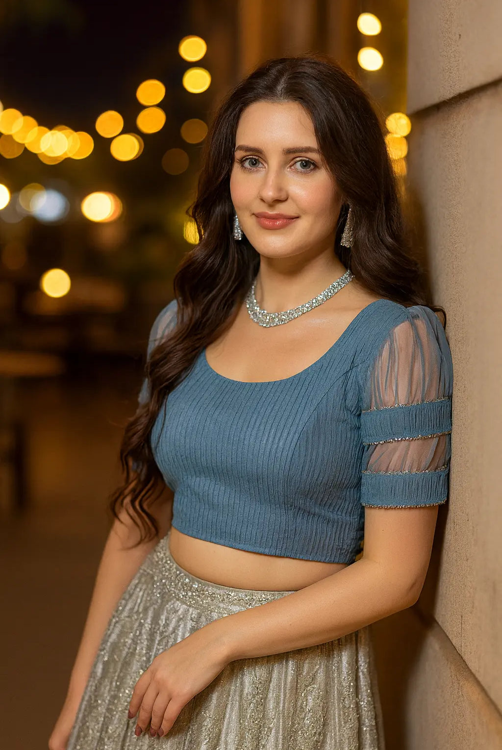 FINESTFIT : STAY ON TREND : Organza Elbow Sleeves Blouse with Fancy Lace - Round Neck, Half and Half Fabric, Women's Fashion 30003 - FINESTFIT