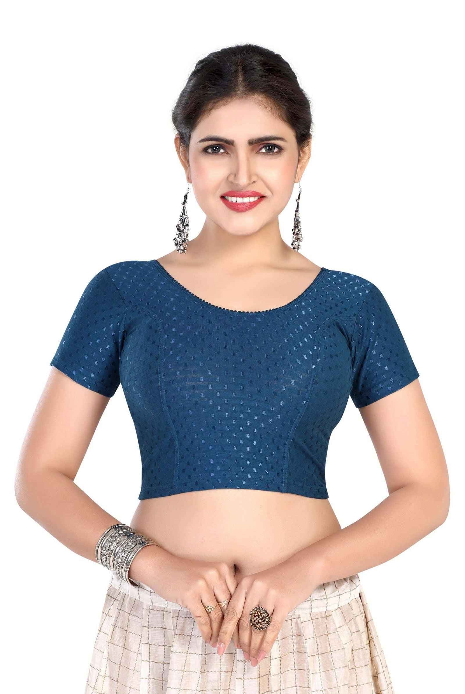 FINESTFIT BUY 1 GET 1 FREE Round Neck Dobby Fabric Stretchable Cap Sleeve Readymade Saree Blouse for Women-1195