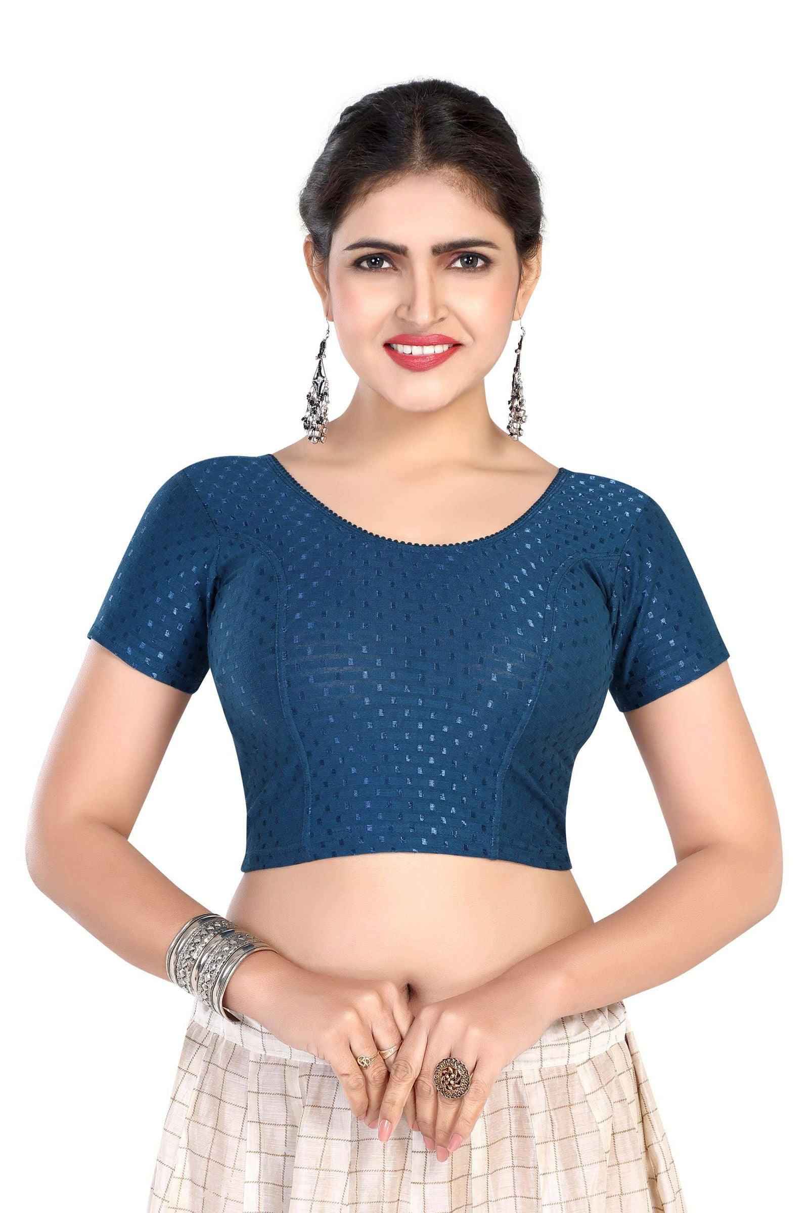 FINESTFIT BUY 1 GET 1 FREE Round Neck Dobby Fabric Stretchable Cap Sleeve Readymade Saree Blouse for Women-1195