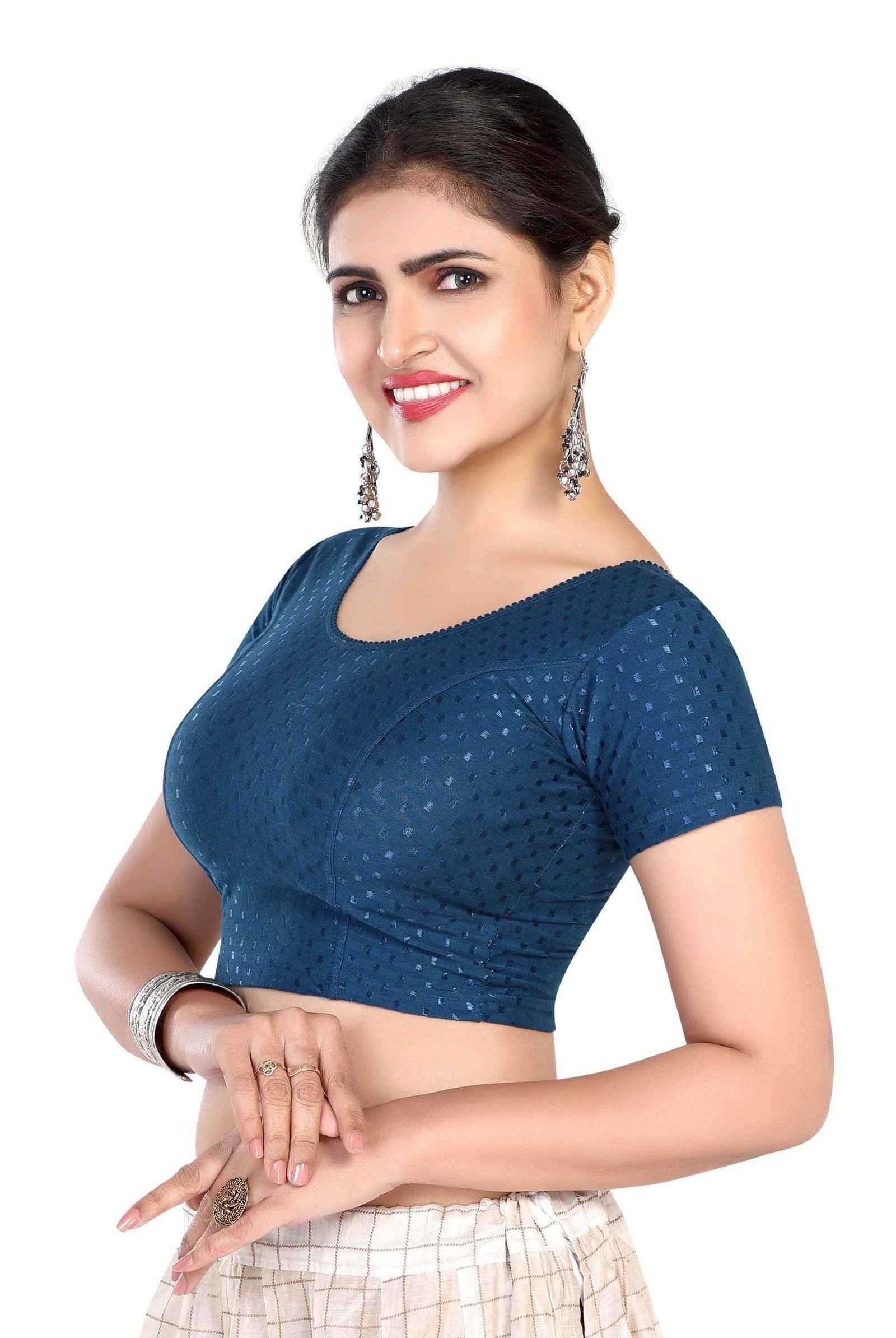 FINESTFIT BUY 1 GET 1 FREE Round Neck Dobby Fabric Stretchable Cap Sleeve Readymade Saree Blouse for Women-1195