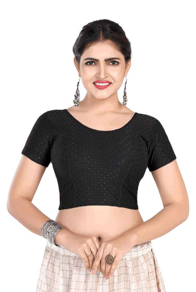FINESTFIT BUY 1 GET 1 FREE Round Neck Dobby Fabric Stretchable Cap Sleeve Readymade Saree Blouse for Women-1195