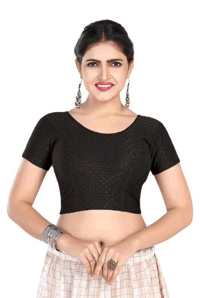 FINESTFIT BUY 1 GET 1 FREE Round Neck Dobby Fabric Stretchable Cap Sleeve Readymade Saree Blouse for Women-1195