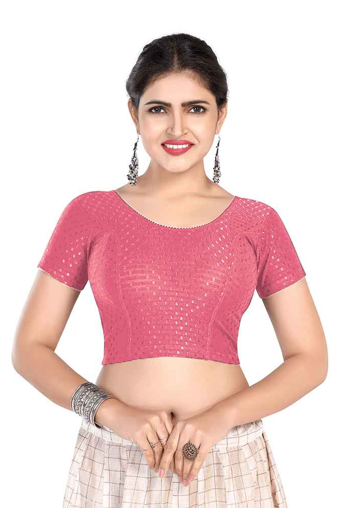 FINESTFIT BUY 1 GET 1 FREE Round Neck Dobby Fabric Stretchable Cap Sleeve Readymade Saree Blouse for Women-1195