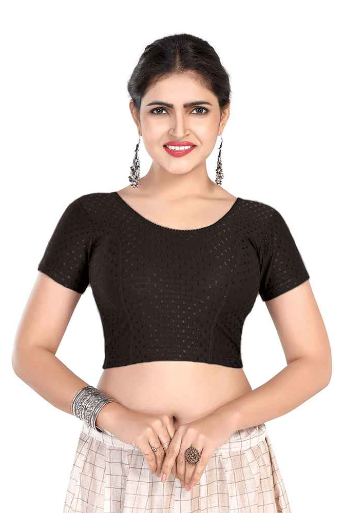FINESTFIT BUY 1 GET 1 FREE Round Neck Dobby Fabric Stretchable Cap Sleeve Readymade Saree Blouse for Women-1195