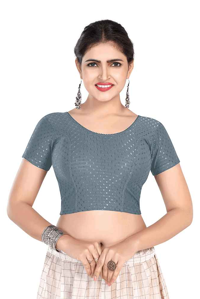 FINESTFIT BUY 1 GET 1 FREE Round Neck Dobby Fabric Stretchable Cap Sleeve Readymade Saree Blouse for Women-1195