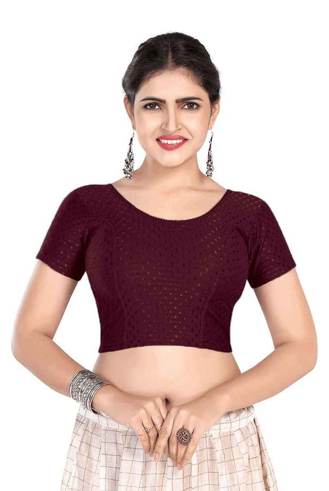 FINESTFIT BUY 1 GET 1 FREE Round Neck Dobby Fabric Stretchable Cap Sleeve Readymade Saree Blouse for Women-1195